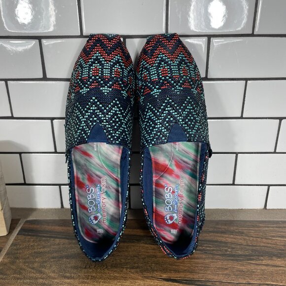 Skechers BOBS Womens Size 8.5 Shoes Navy Multicolor Aztec Print Slip On Flat - Picture 6 of 12